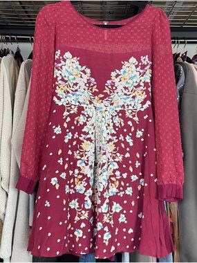 Free People Burgundy Floral Long Sleeve Mini Dress